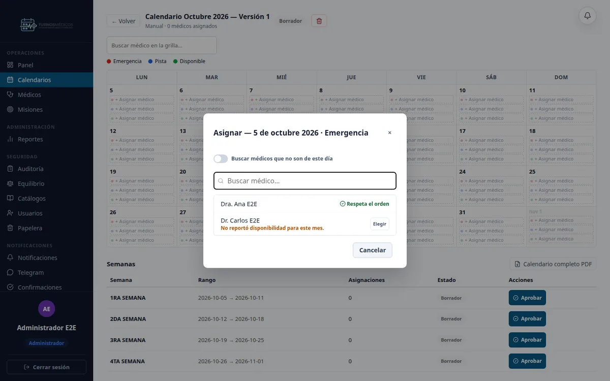 Pantalla de asignación del calendario de guardias: al elegir médico, el sistema muestra si respeta el orden de equidad y si reportó disponibilidad